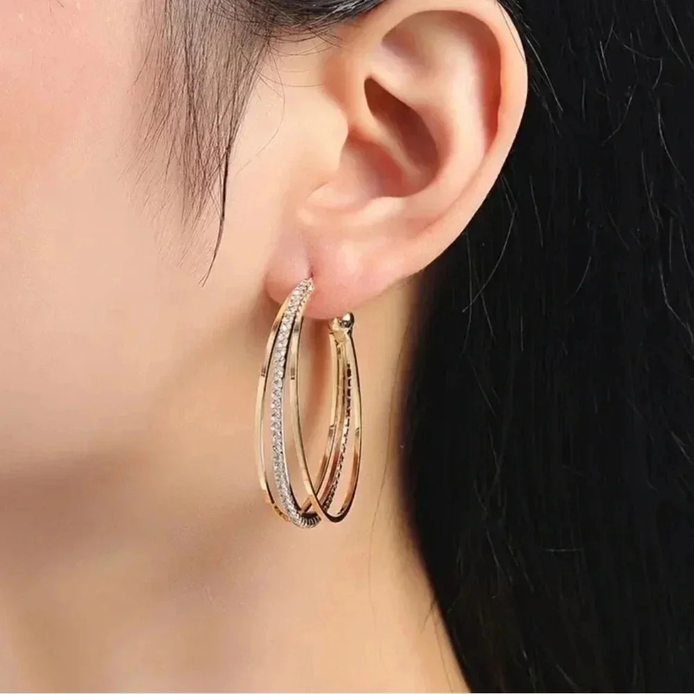 Three-Layer C-Shape 18K Gold-Plated Hoop Earrings